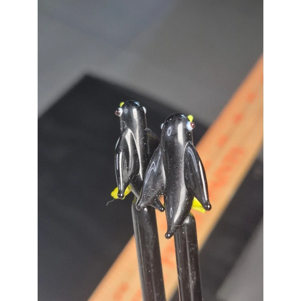 Vintage Handblown Glass Penguin Swizzle Sticks Set of 2 Cocktail Stir